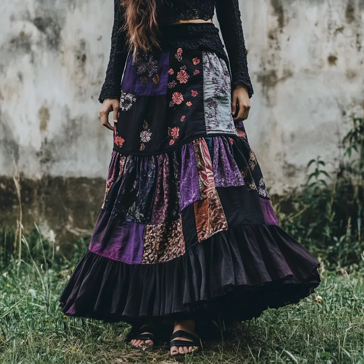 Women's Boho Flowers Patchwork Art Linen Blend Skirt
