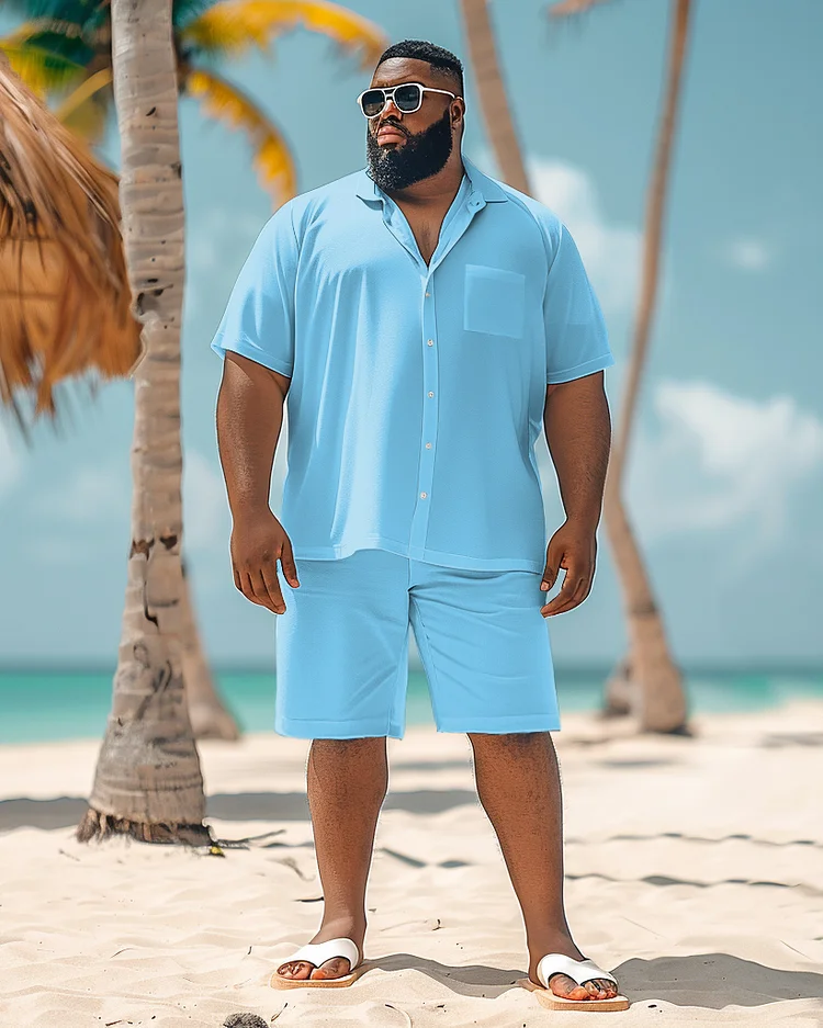 Men's Plus Size Hawaii Simple Solid Color Blue Shirt Shorts Suit