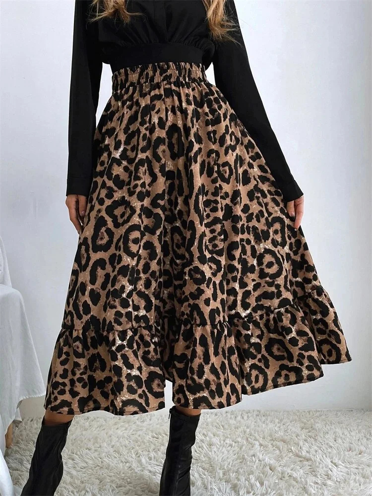 Budgetg High Waist Leopard Midi Skirt For Women Casual Boho Printed Long Tulle Skirt Ladies 2023 Autumn New Chiffon A-line Skirt