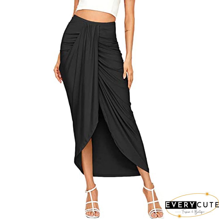Khaki High Waist Pleated Front Wrap Pencil Skirt