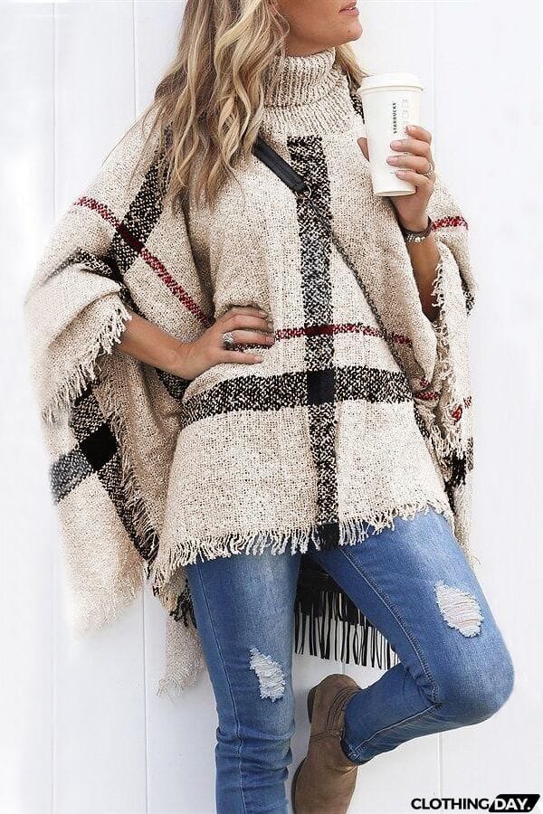 Stripe Tassel Loose High Collar Sweaters