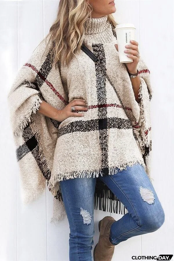 Stripe Tassel Loose High Collar Sweaters