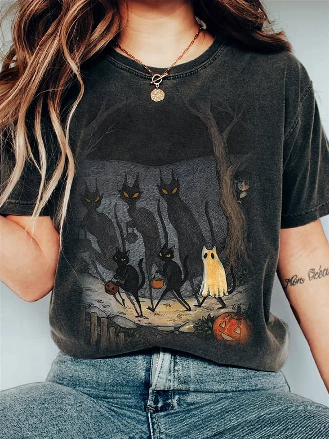 Women's Halloween Black Cat Print Crew-Neck T-Shirt