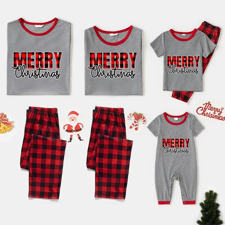 'Merry Christmas' Letter Print Red Plaids Short Sleeve Family Matching Pajamas Sets