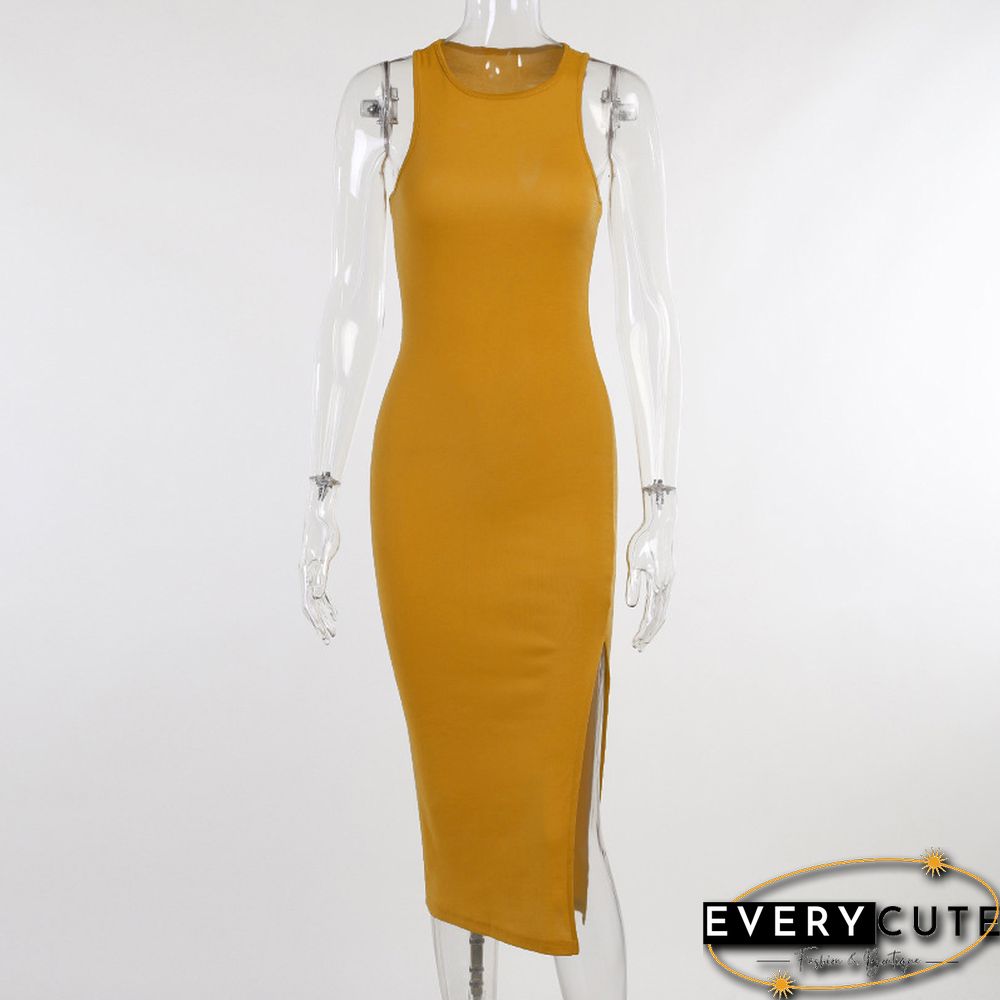 Bodycon Tank Dress Women Split Tight Commuter Long Robe Yellow Black Elegant Sundress Casual Office Knee Sheath Dresses