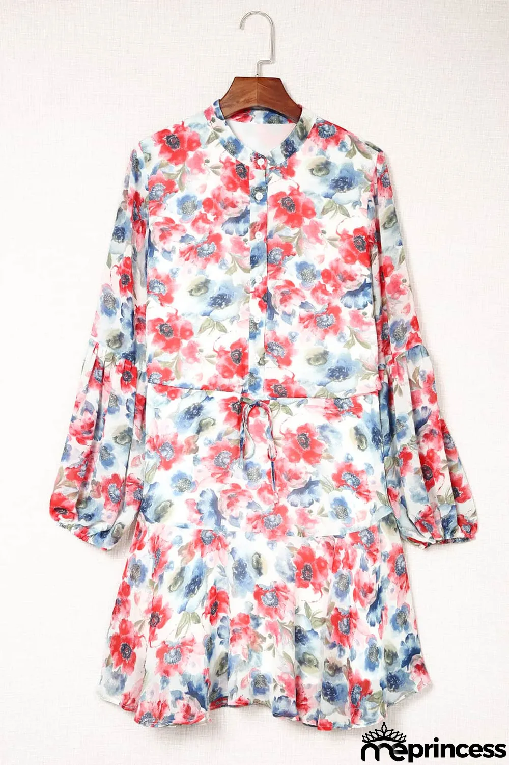 Sky Blue Vintage Floral Print Drawstring Flowy Dress