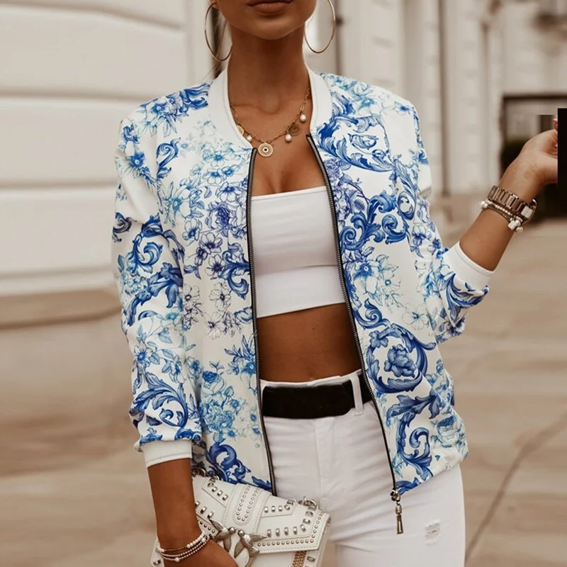 2021 Flower Print Long Sleeve Women's Bomber Jacket Fashion Zipper Up Vintage Coat Tops Elegant Slim Basic Ladies Jackets