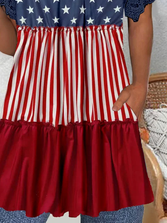 Women's Short Sleeve V-neck Graphic Lace Pockets Tops