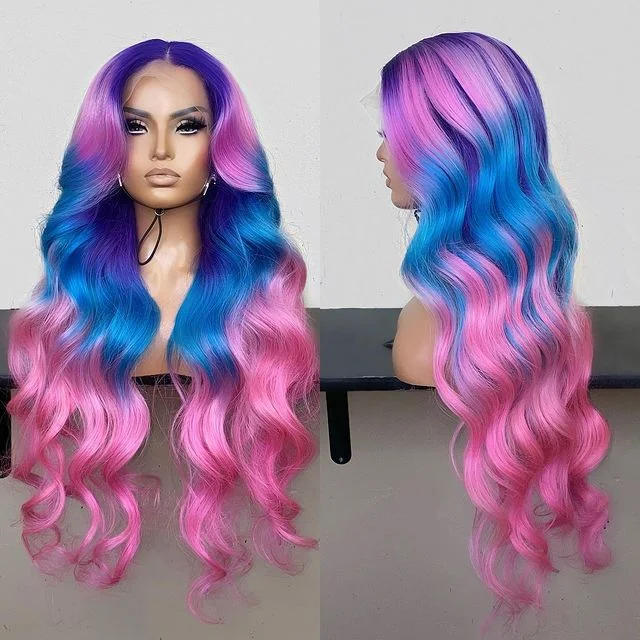 ELCNEPAL® | (🔥HOT) PINK MIX BLUE RAINBOW067 COLOR 360 LACE WIGS SUPER SUPPLE ELCNEPAL