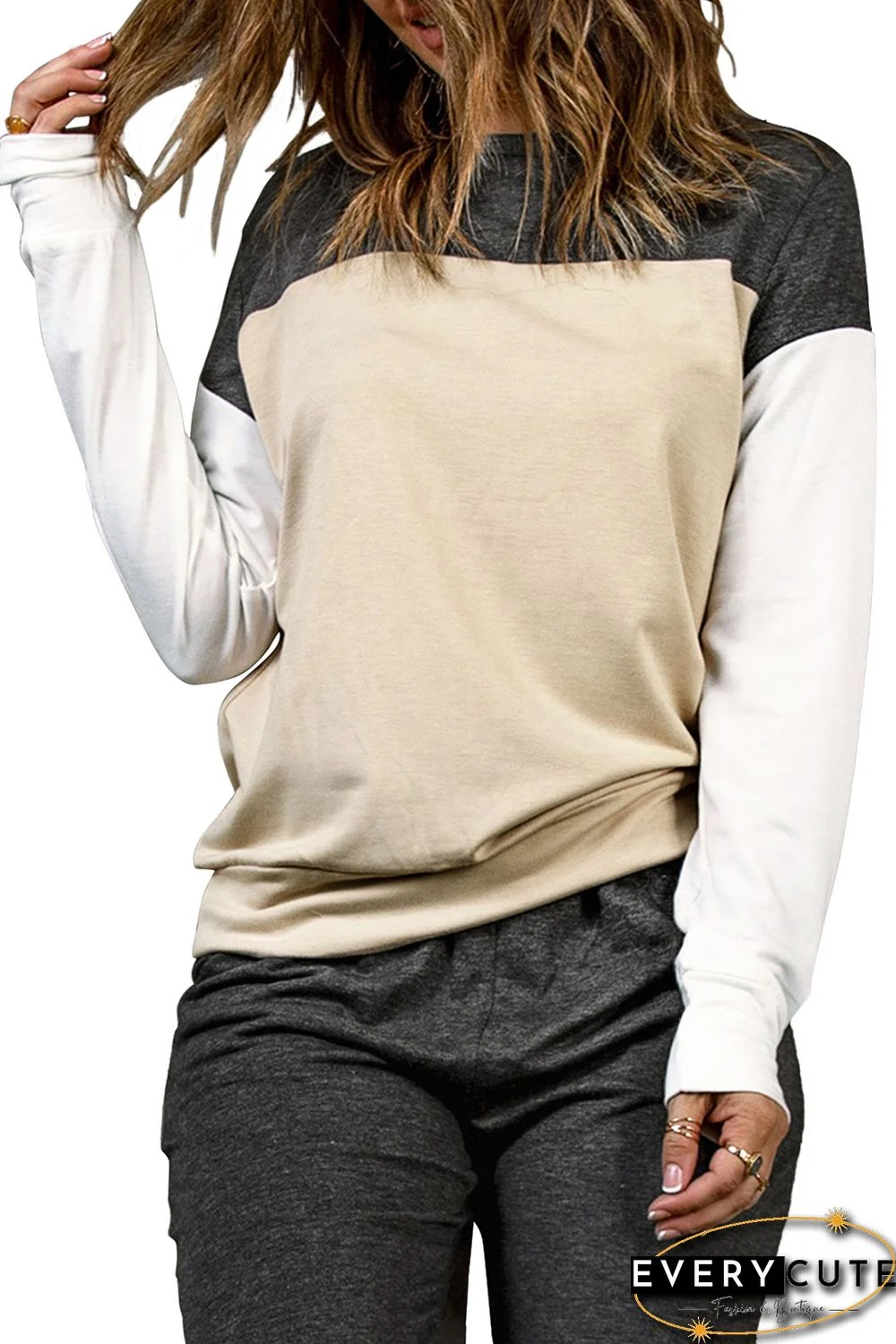 Khaki Color Block Pullover 2pcs Loungewear Set