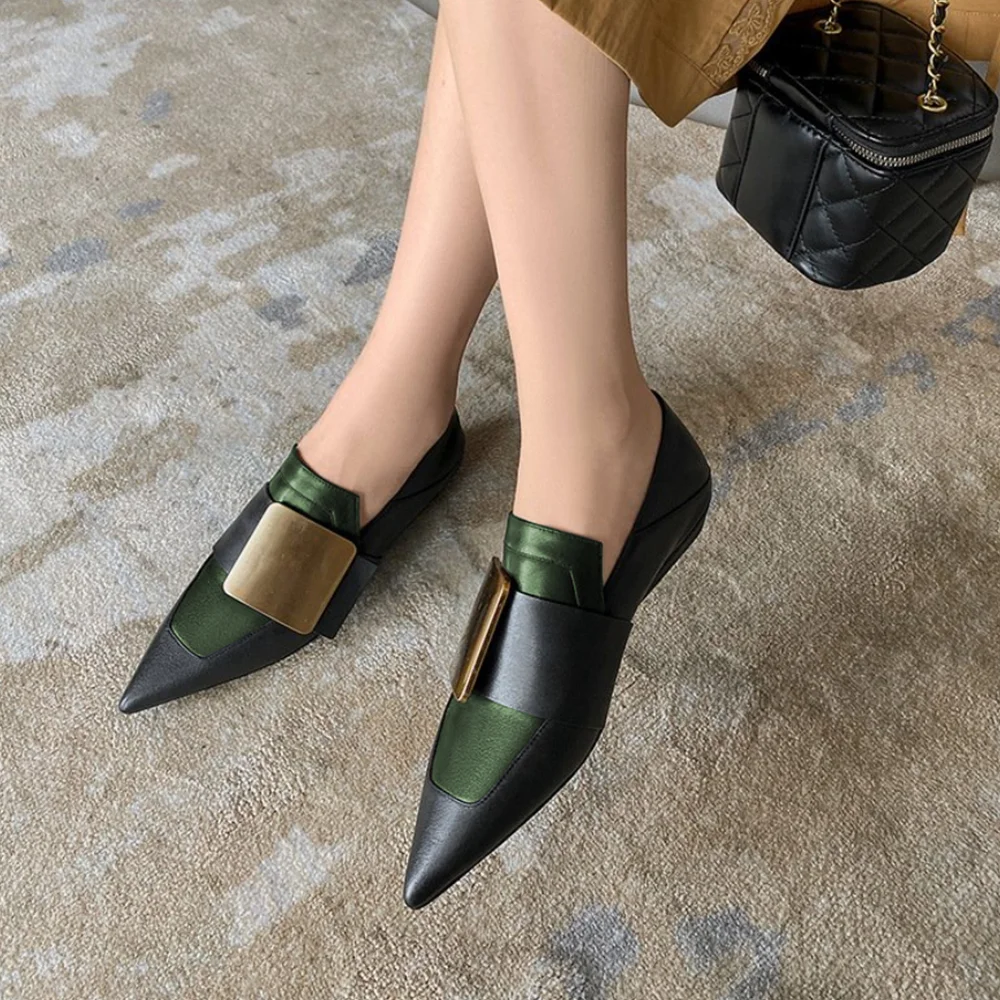 Super Pointy Toe Tow Tone Leather Loafer Classic Mental Decor Flat Loafers Nicepairs