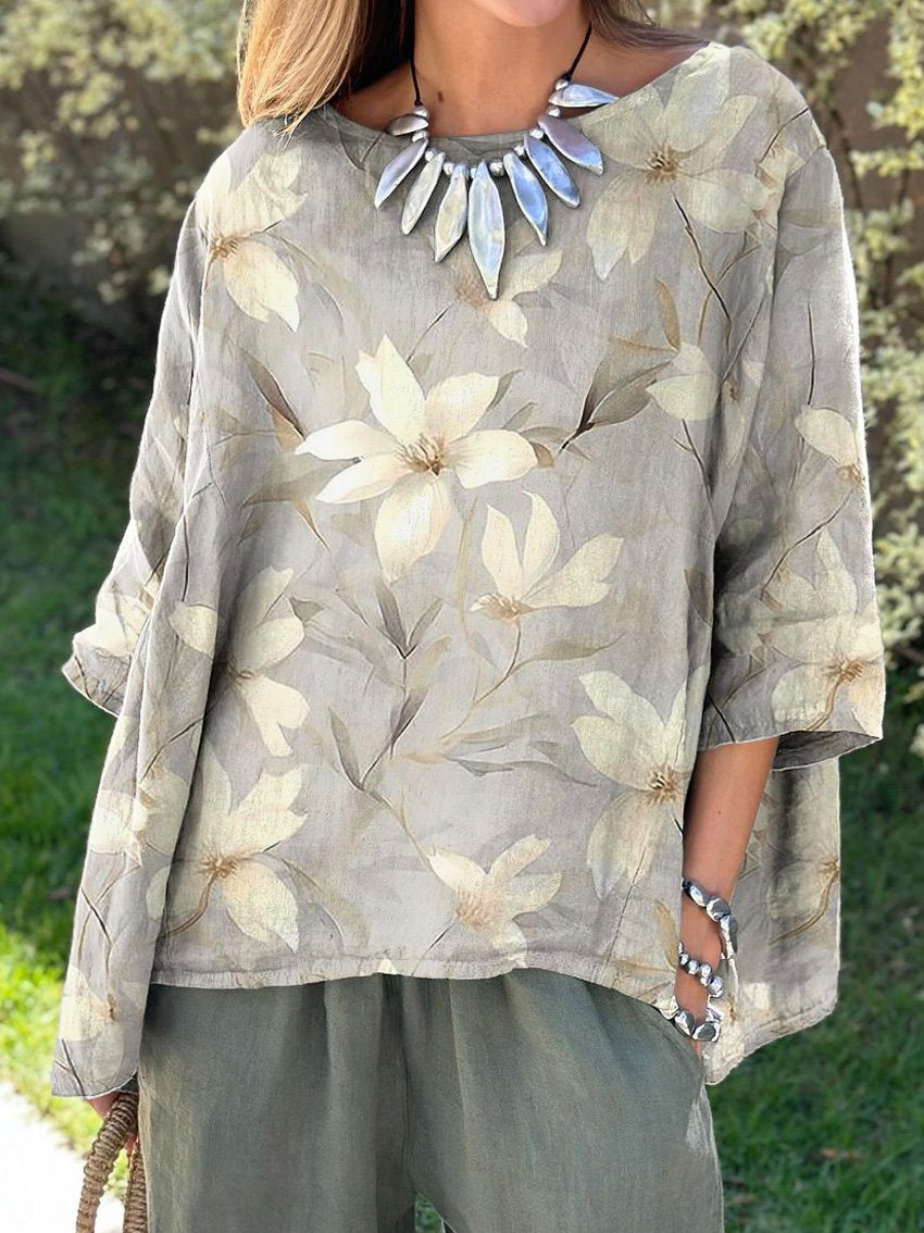 White Magnolia Blossom Pattern Printed Women's Casual Cotton And Linen Shirt