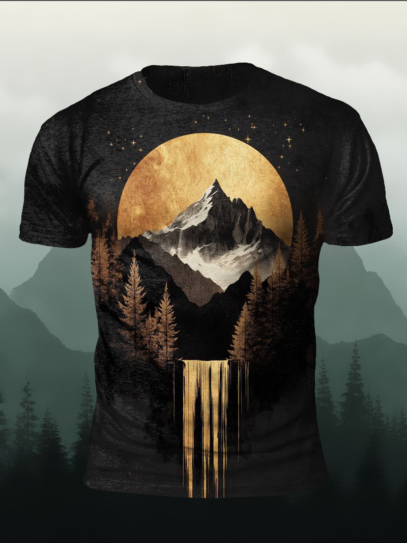 Men's Waterfall Mountain Moon Print Casual Short Sleeve T-shirt