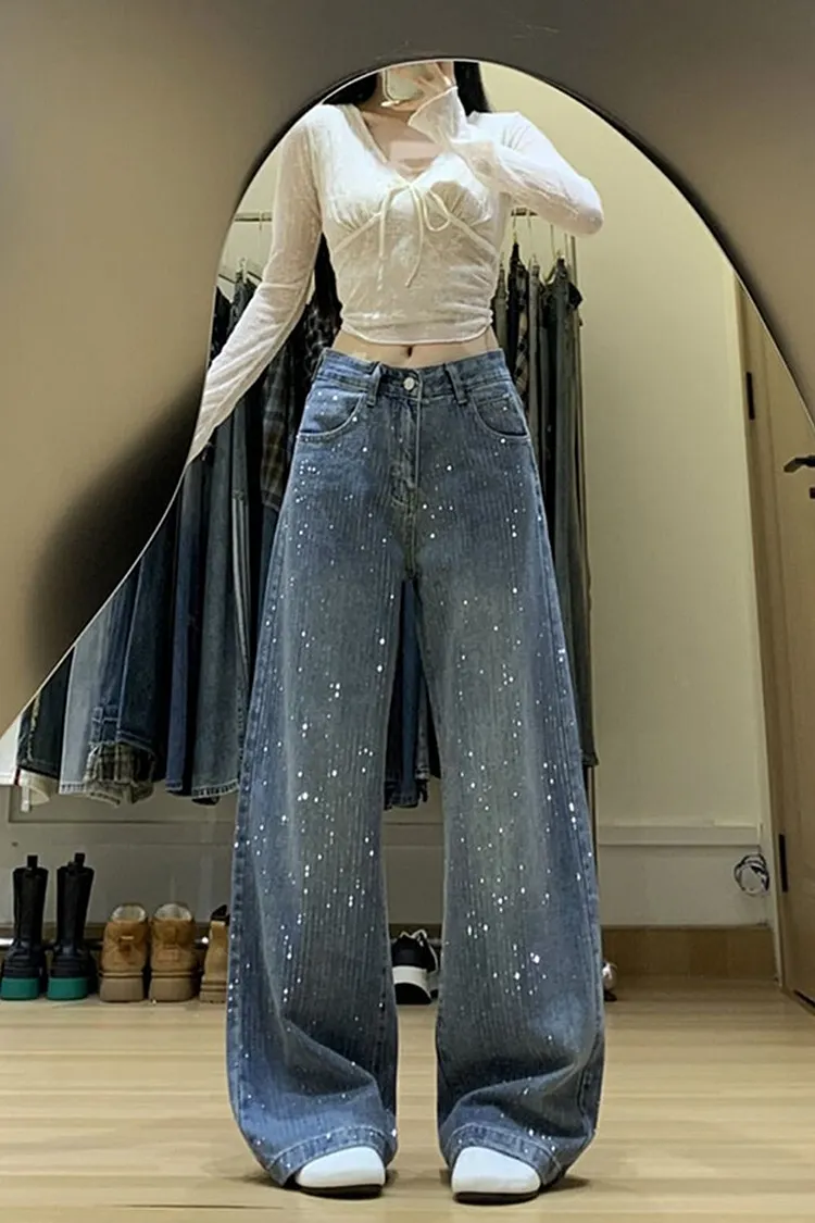 Women's Low Rise Straight Leg Jeans with Rhinestone Embellishments