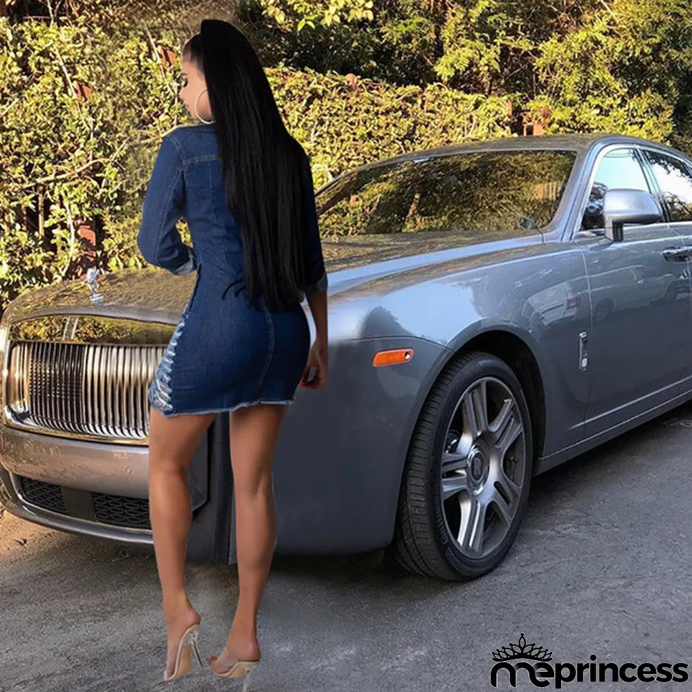 Blue Casual Long Sleeves Turndown Collar Hip skirt Mini Casual Dresses