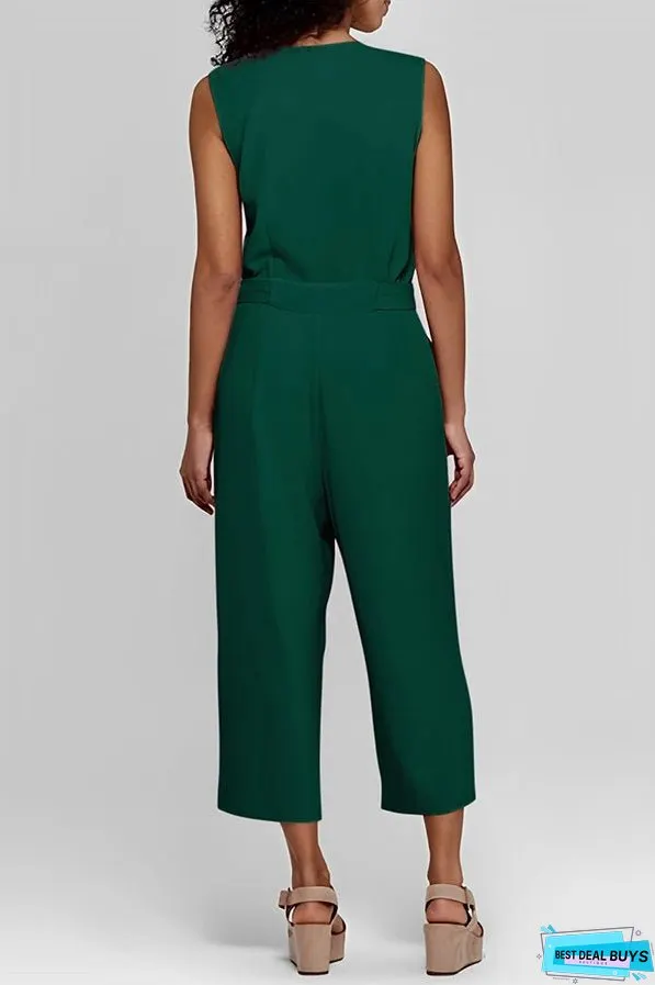 Buttoned Sleeveless Cropped Jumpsuit With Sash