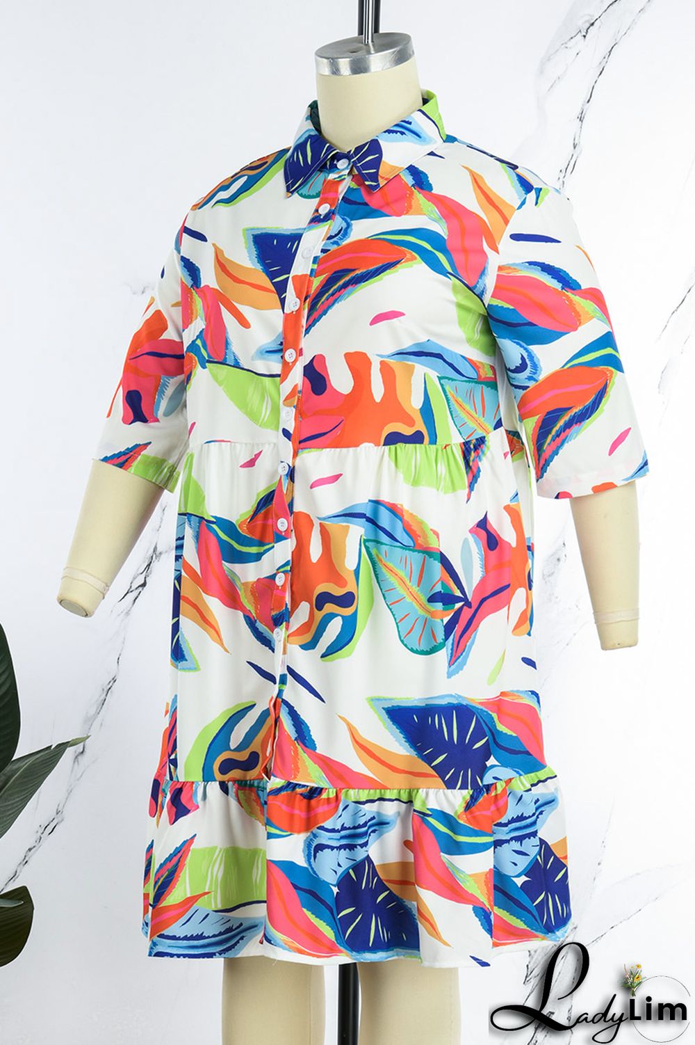 Purple Casual Print Patchwork Fold Turndown Collar A Line Plus Size Dresses