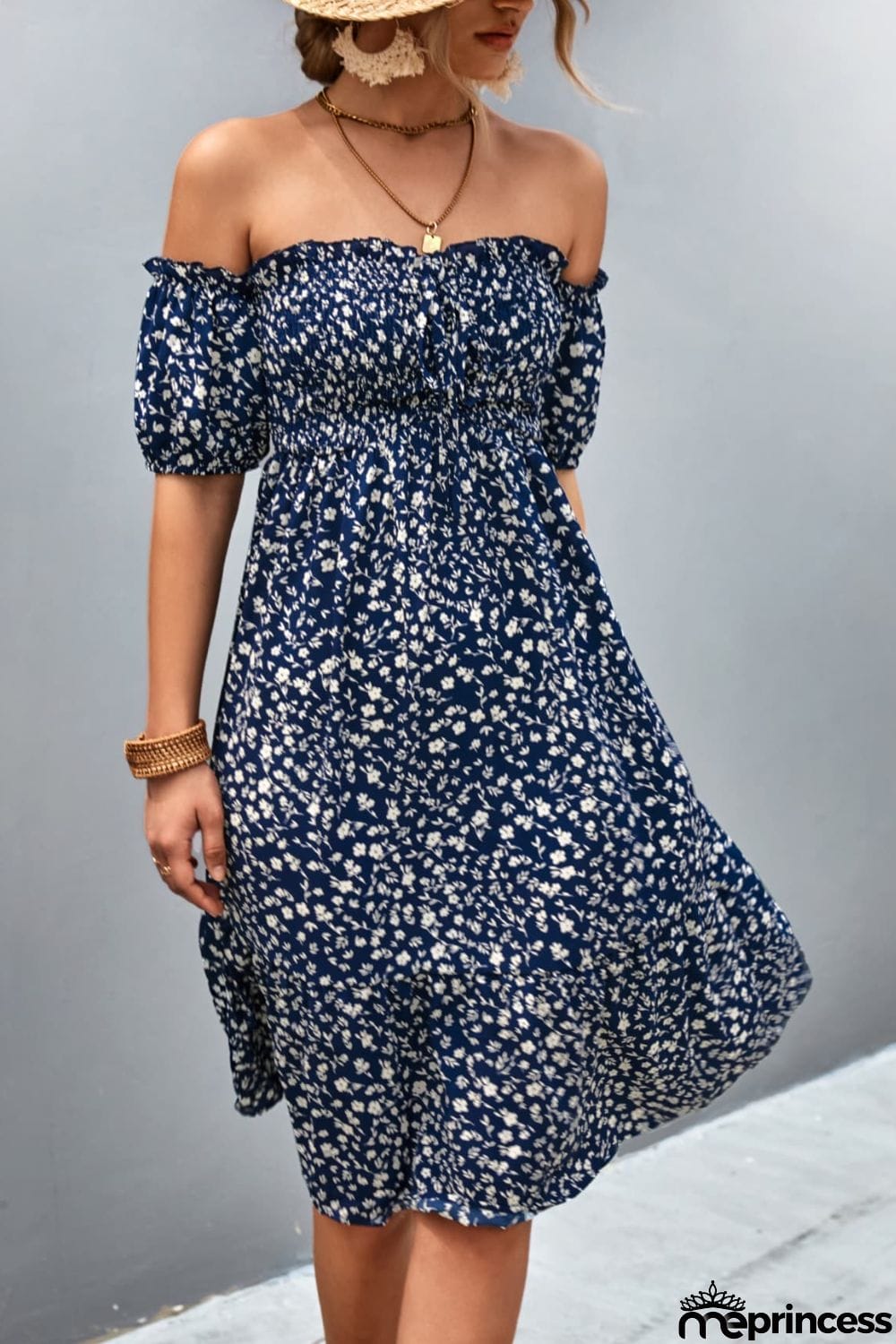 Ditsy Floral Smocked Frill Trim Off-Shoulder Dress