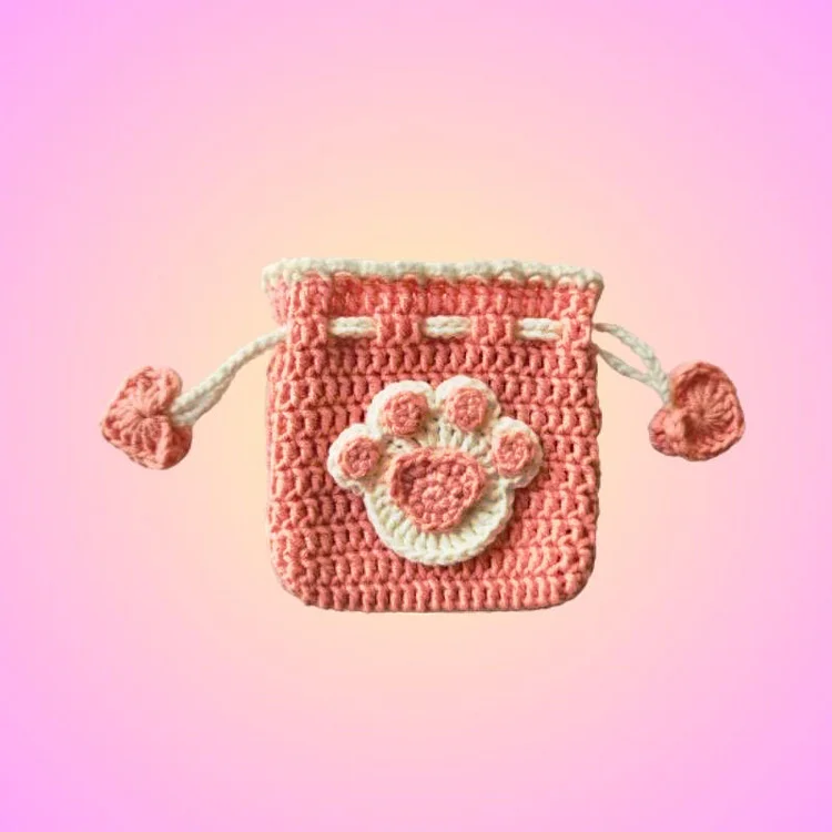 Lulusnow Handmade Pink Cat Paw Small Money Pouch Crochet Mini Drawstring Bag