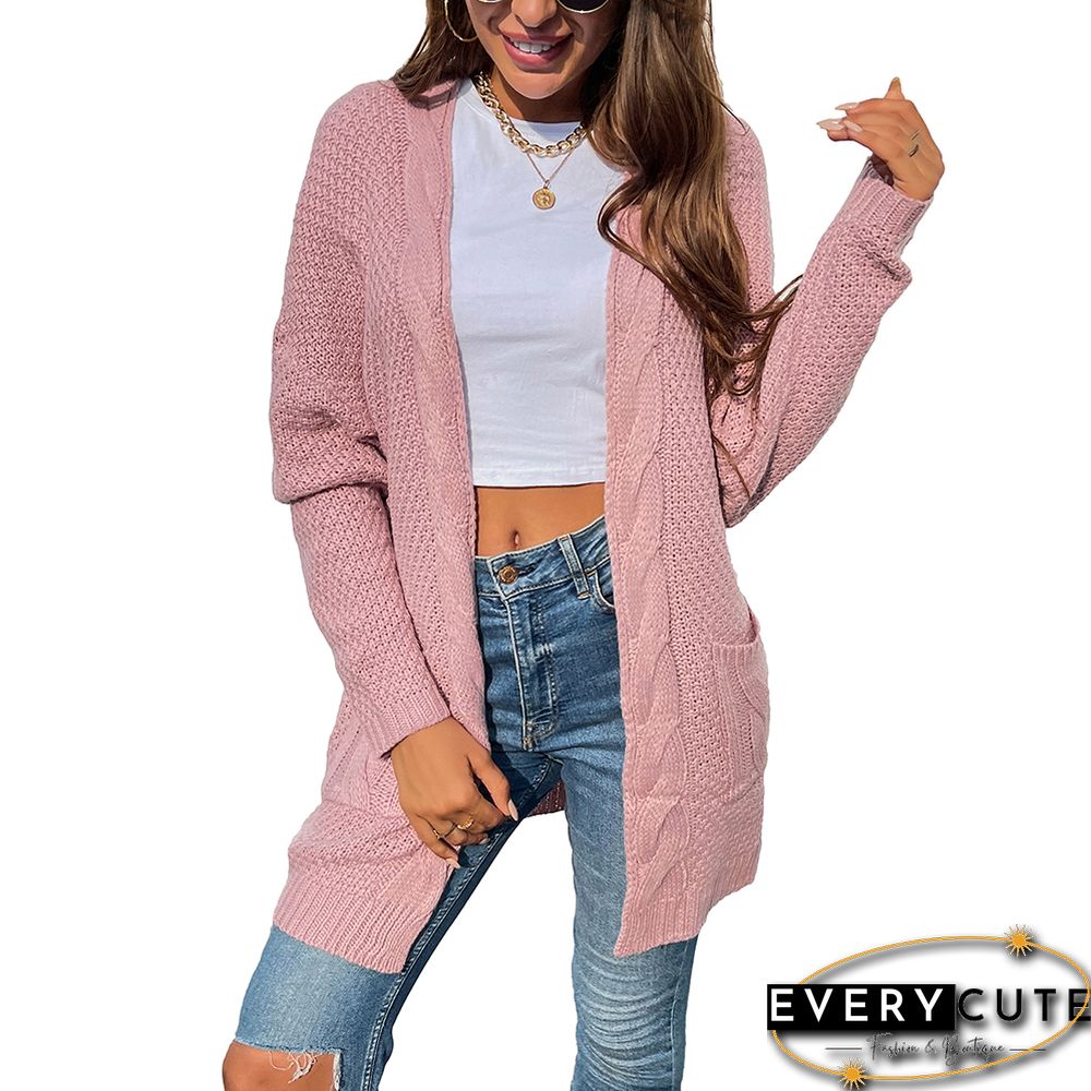 Pink Cable Knit Long Cardigan with Pocket
