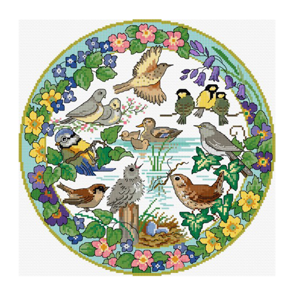 11 birds. Bird Branch - 11ct stamped. Spring Hare Lesley Teare. Cross Stitch Design Birds.