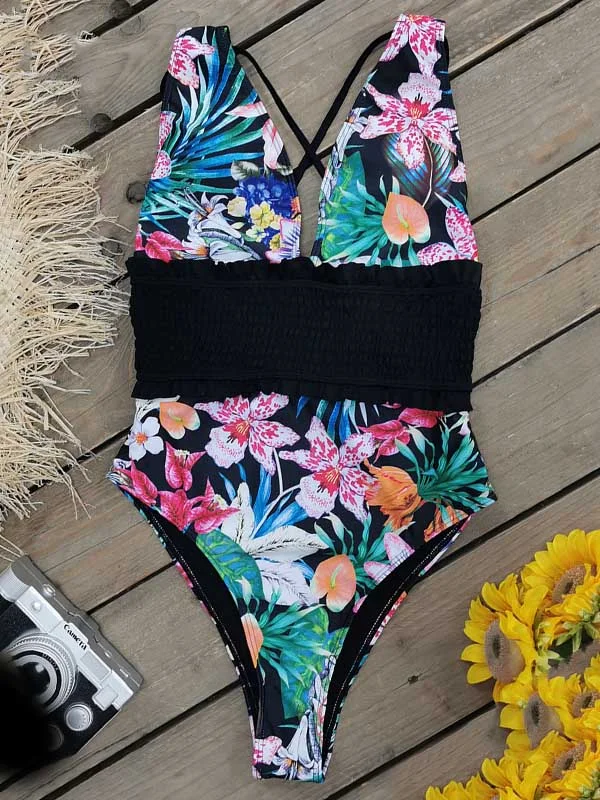 Floral Printed Ruffled V-Neck One-Piece Swimwear