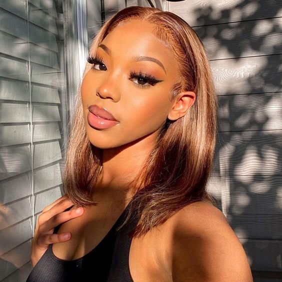 WEQUEEN Short Bob Straight Highlight Brown Lace Front Wigs Beginner Friendly