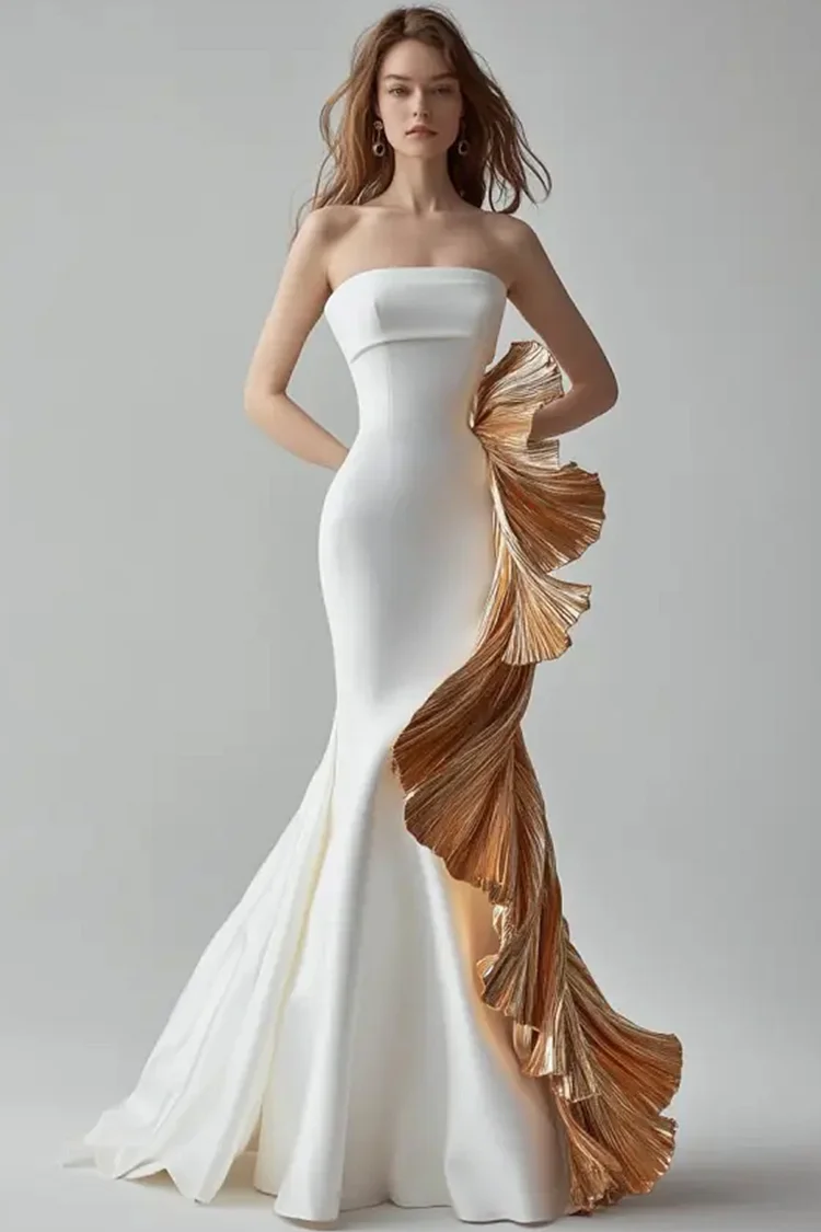 Strapless Metallic Layered Mermaid Maxi Dress-White [Custom-Made]
