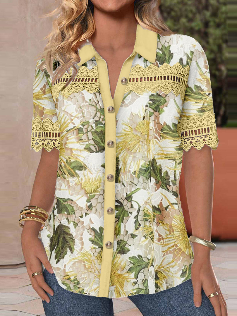 Women's Short Sleeve V-neck Lace Graphic Hollow Stitching Top