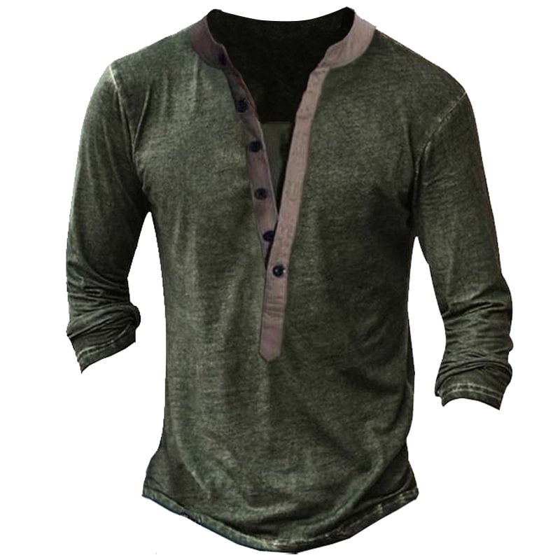Men Vintage Henley Button Long Sleeve Shirt-Compassnice®