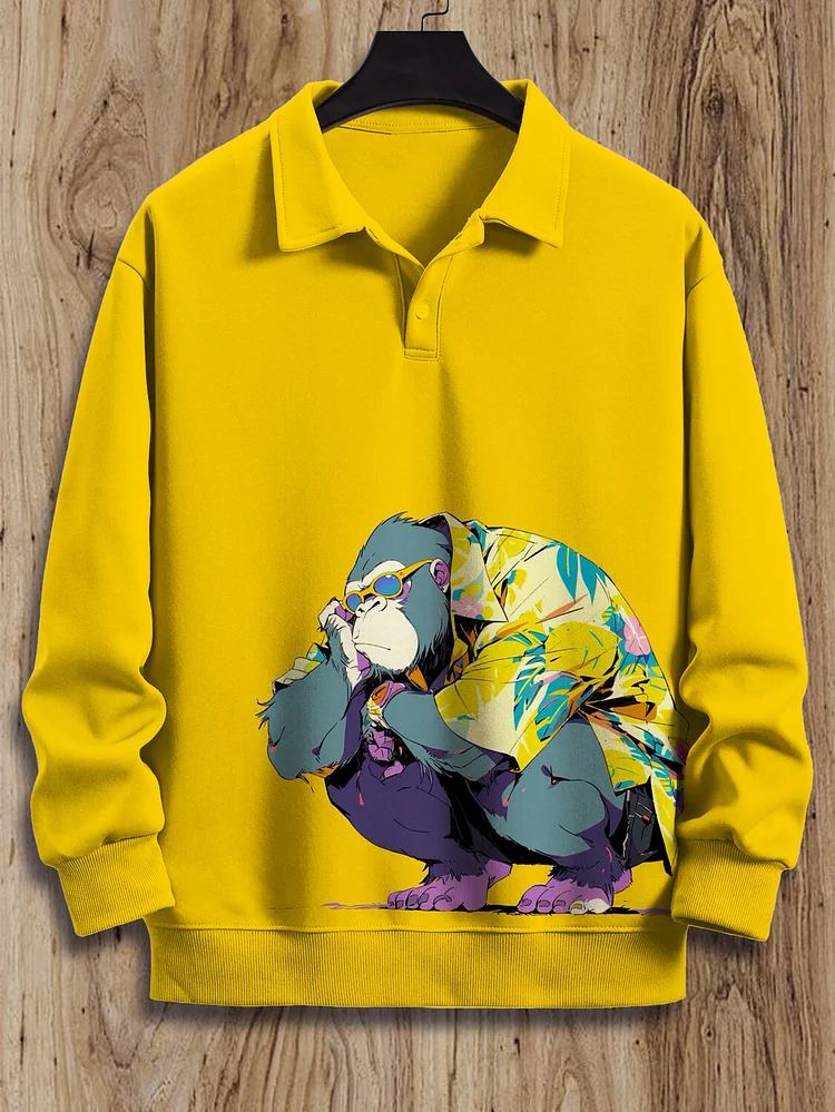Men's Gorilla Vacation Style Print Casual Polo Sweatshirt