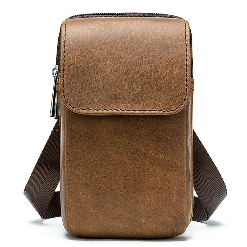 Men's Casual Cowhide Leather Double Zippers Crossbody Packs Waist Bag