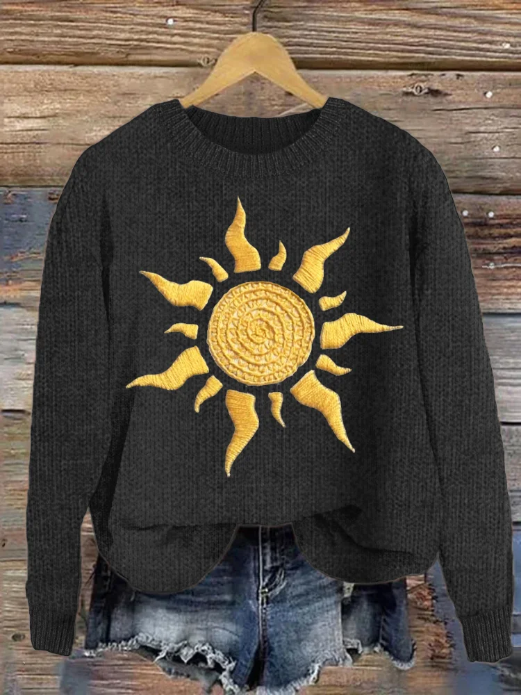 VChics Sun Embroidery Pattern Casual Cozy Sweater