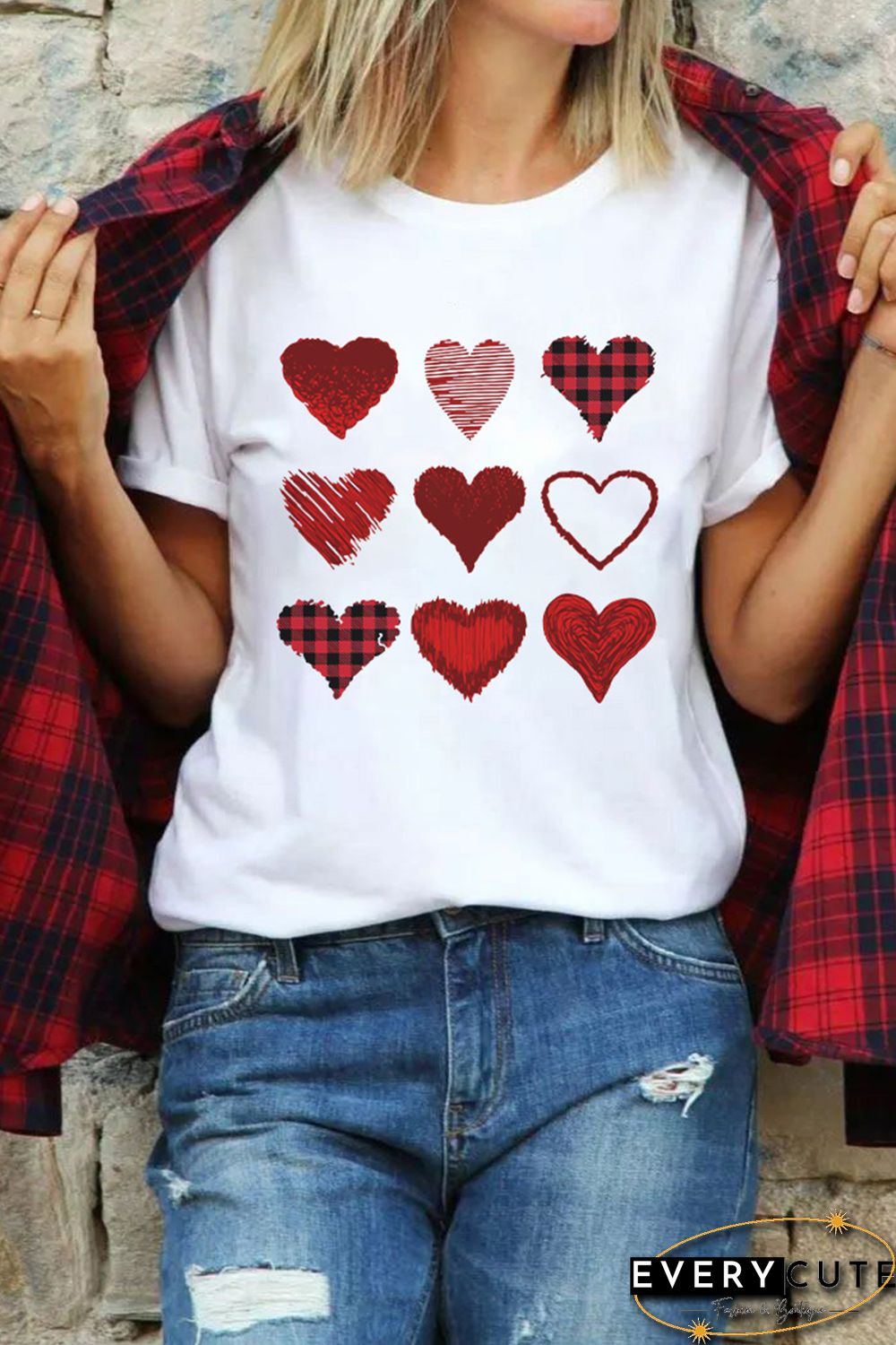 White Plaid Hearts Print Crewneck Short Sleeve Graphic Tee