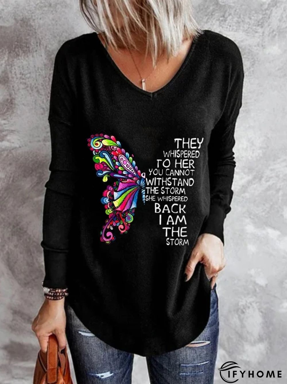 Casual Long Sleeve V Neck Printed Top Tunic T-Shirt | IFYHOME