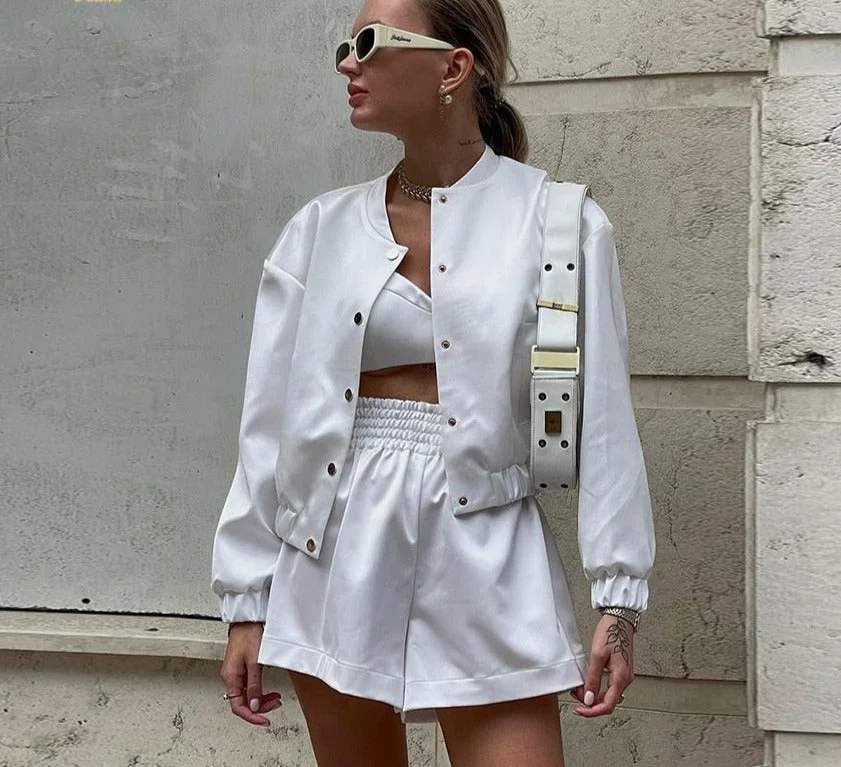 Uforever21 Fall Outfits  Elegant White Satin 2 Piece Sets Women Outfit Fashion Slim Long Sleeve Crop Shirt With High Waist Shorts Set Streetwear