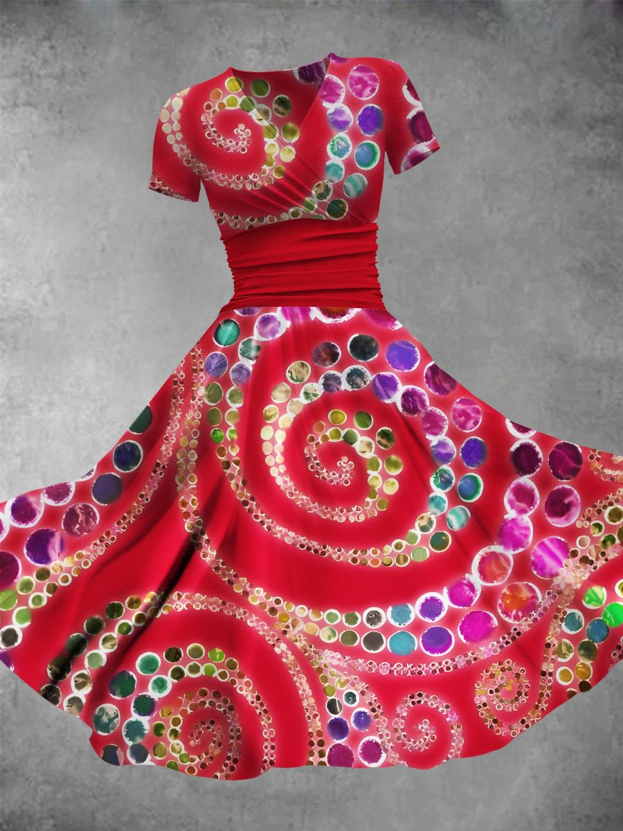 Abstract Print V-Neck Vintage Short Sleeve Midi Dress