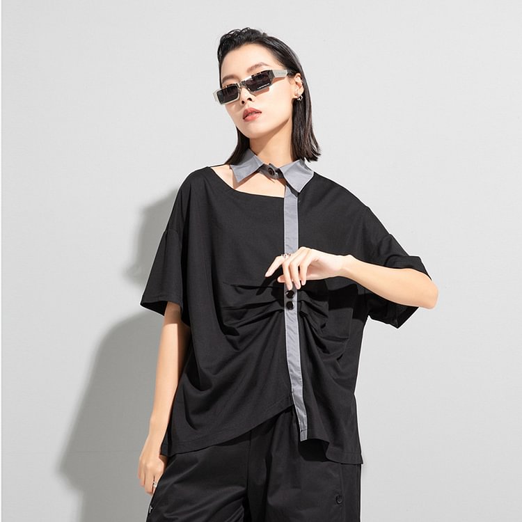 -202191 P61 Dark Wind Irregular Lapel Short Sleeve T-Shirt-Usyaboys-Mne and Women's Street Fashion Shop-Christmas