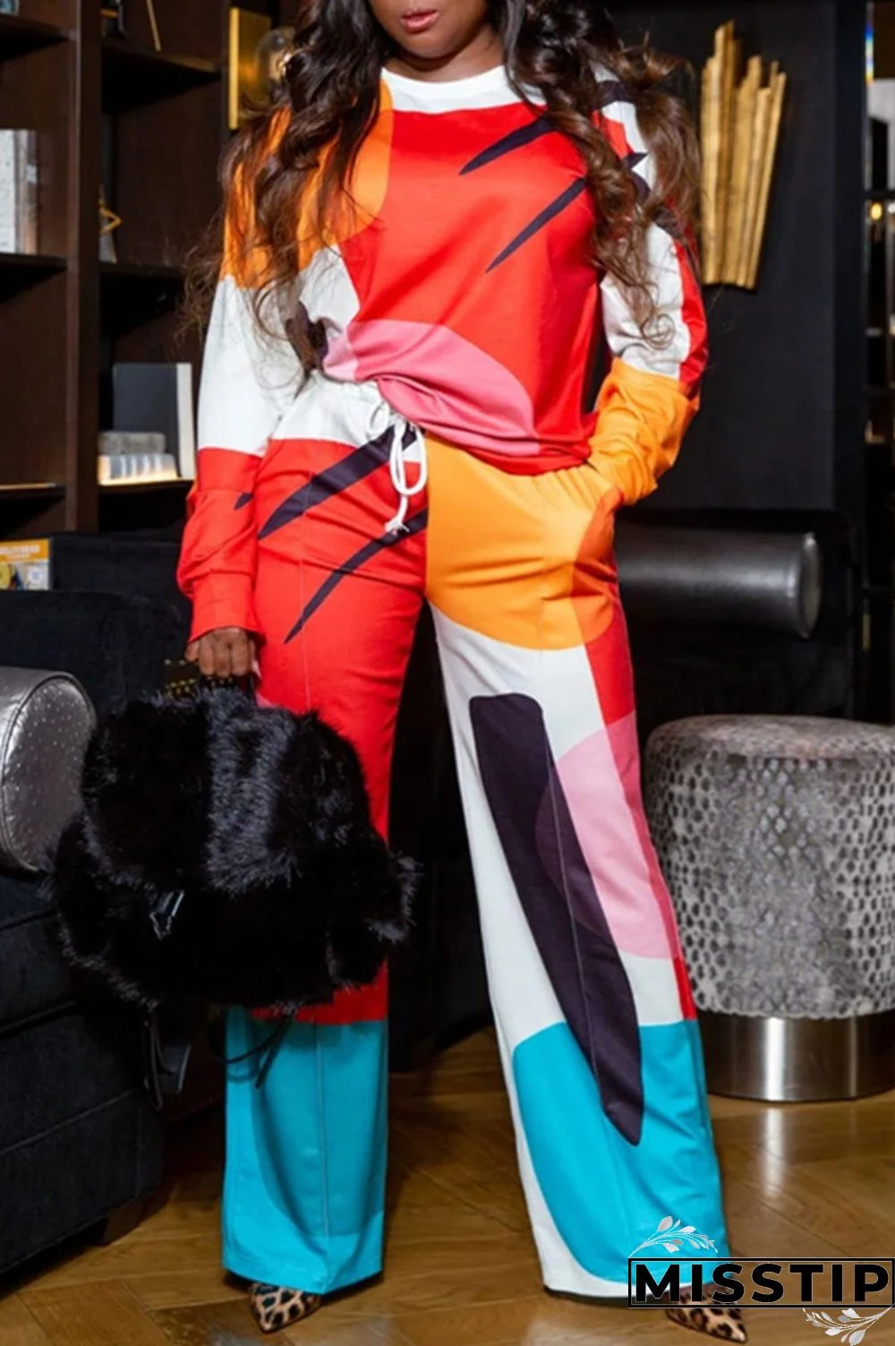 Orange Fashion Casual Print Basic O Neck Long Sleeve Two Pieces