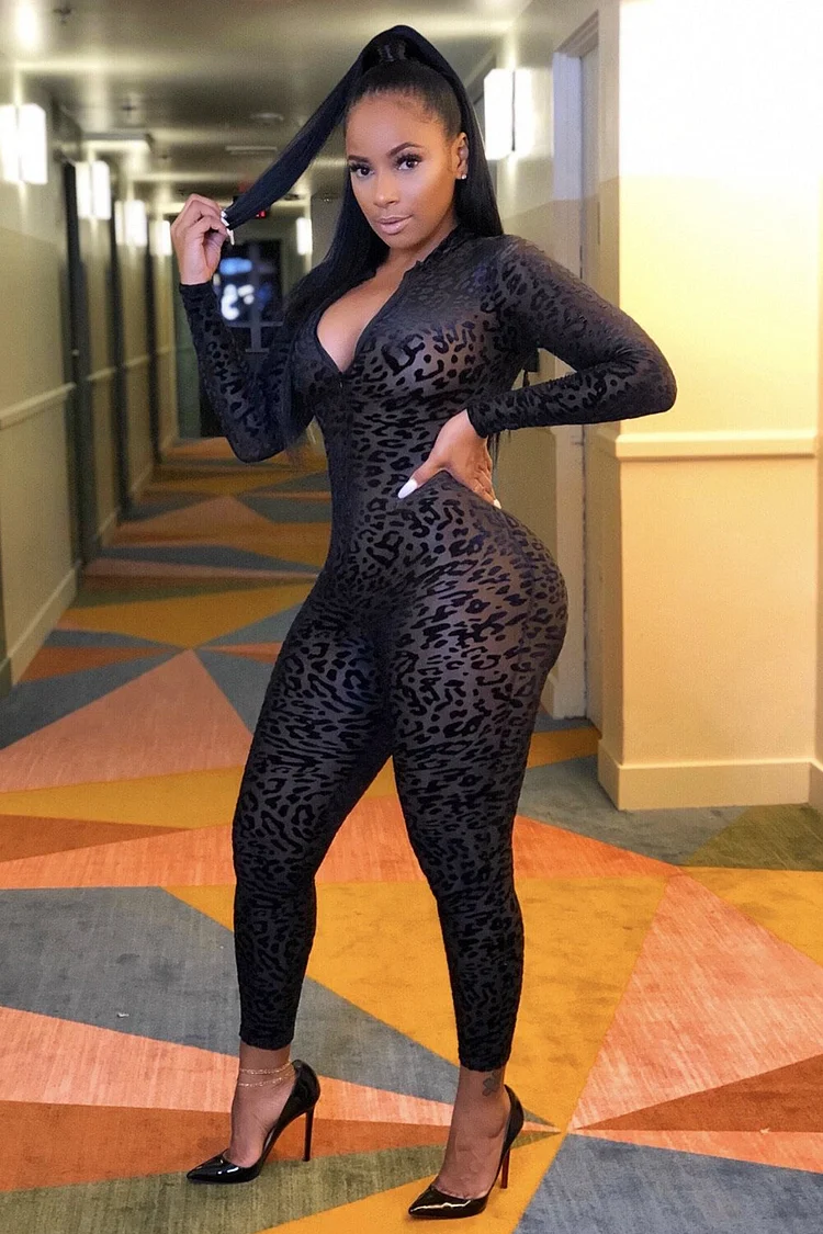 Leopard Print Long Sleeve Front Zipper Knit Slim Fit Jumpsuit-Black