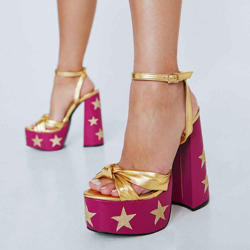 Gold & Pink  Opened Toe Knot Design Ankle Strappy Star Platform Sandals With Chunky Heels Nicepairs