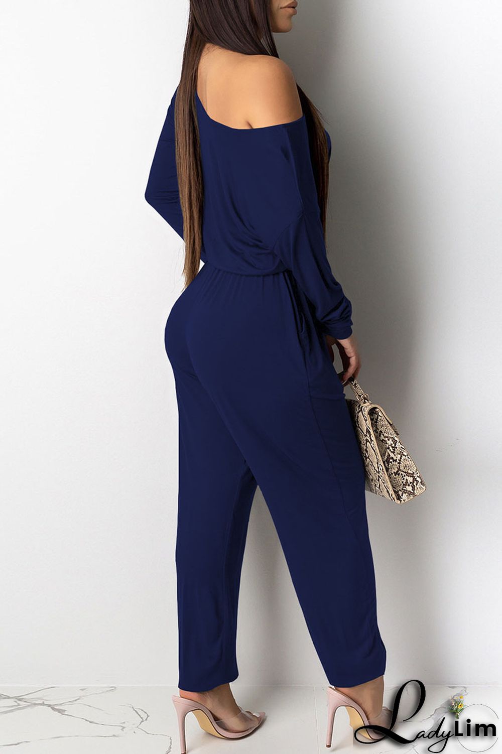 Grey Casual Solid Patchwork Frenulum Oblique Collar Straight Jumpsuits