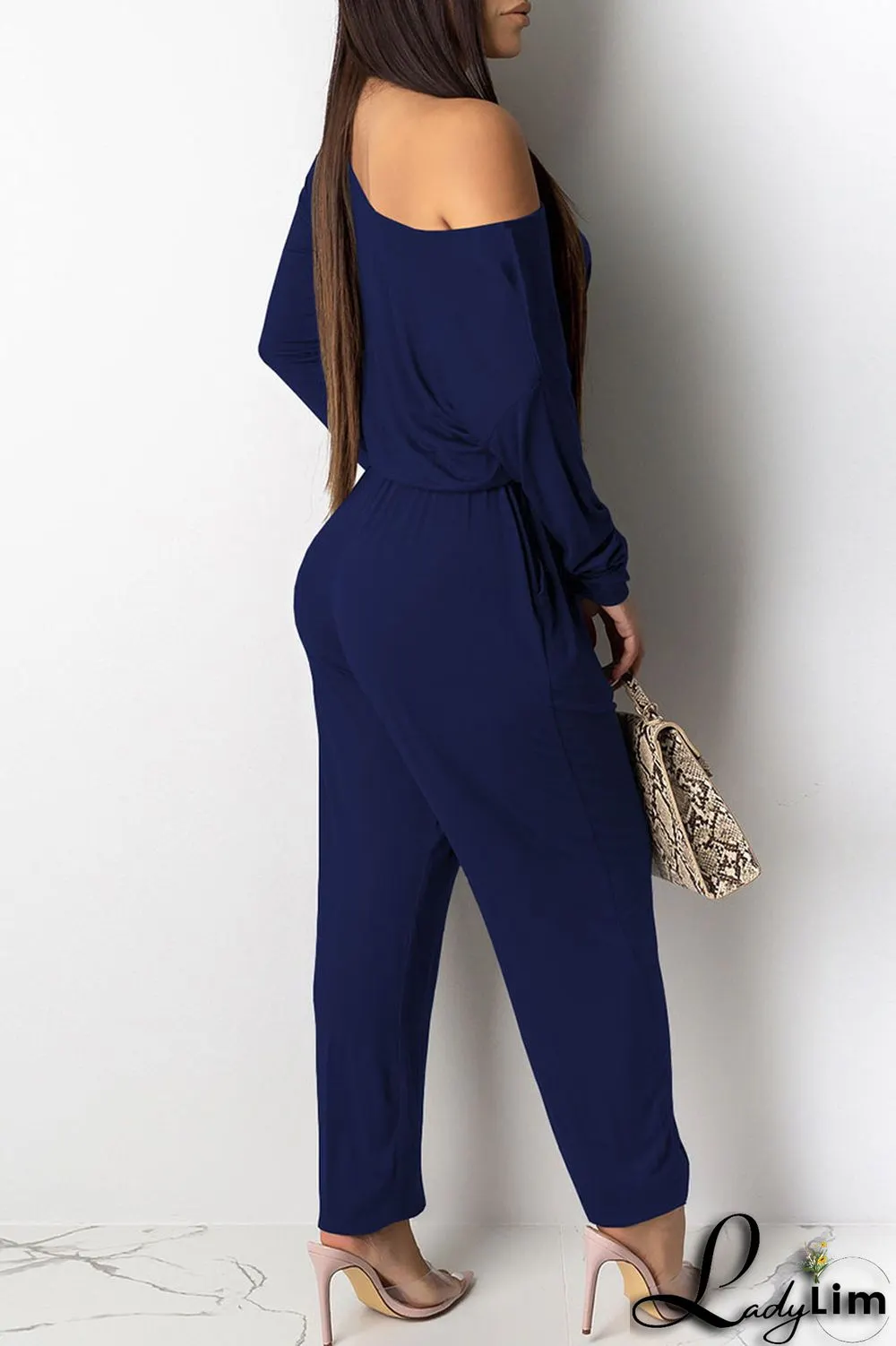 Grey Casual Solid Patchwork Frenulum Oblique Collar Straight Jumpsuits