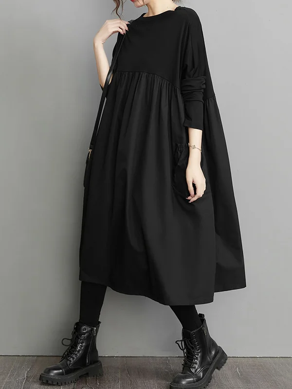 Simple Loose Black Split-Joint Long Sleeves Midi Dress