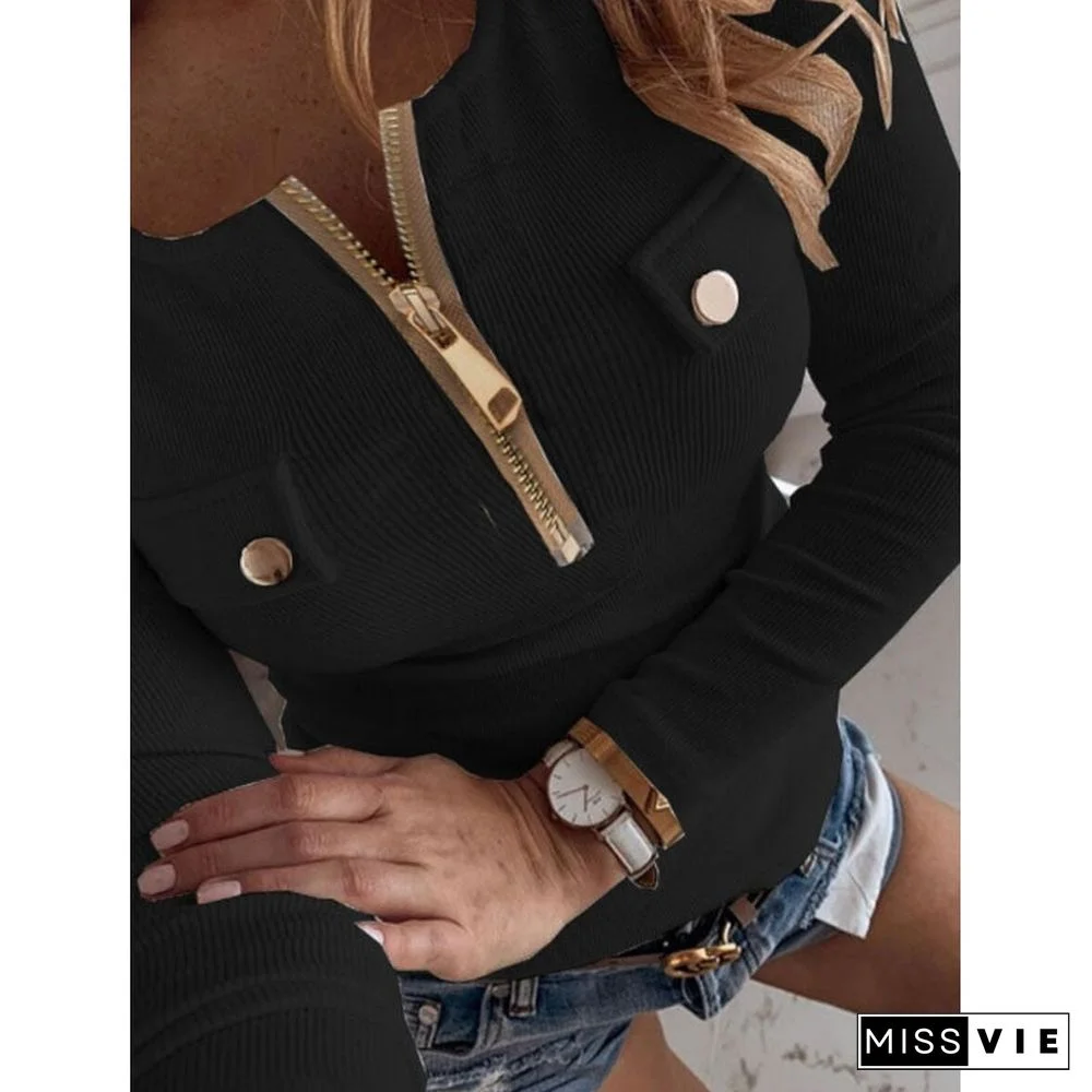 Sexy Sweet Women Slim Fit Blouses Shirts Elegant Spring Knitted Ribbed Zipper Shirt Tops Autumn Casual Button Long Sleeve Blusas