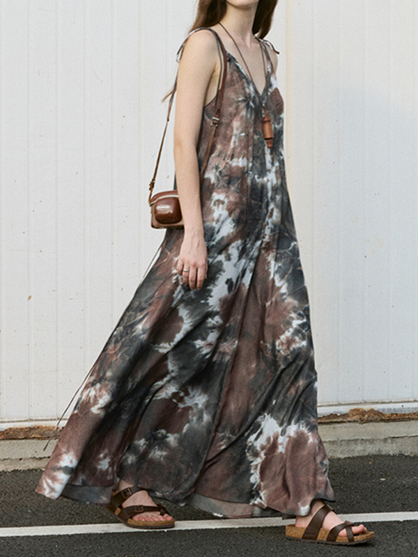 Elegant Strap V Neck Tie-dye Maxi Dress