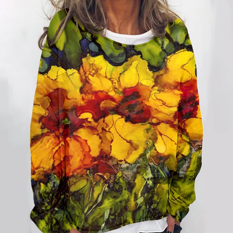 Vefave Watercolor Smudged Sunflower Sweatshirt