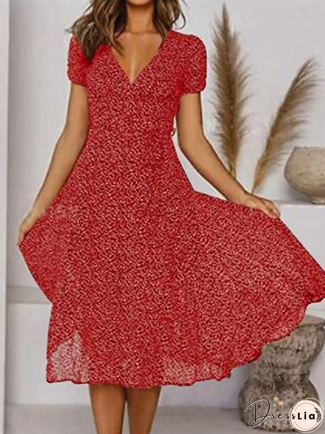 Casual Dress Swing Dress Floral Dress Midi Dress Black Wine Red Short Sleeve Ditsy Floral Print Summer Spring V Neck Fashion Vacation Loose Fit S M L XL XXL 3XL for Women