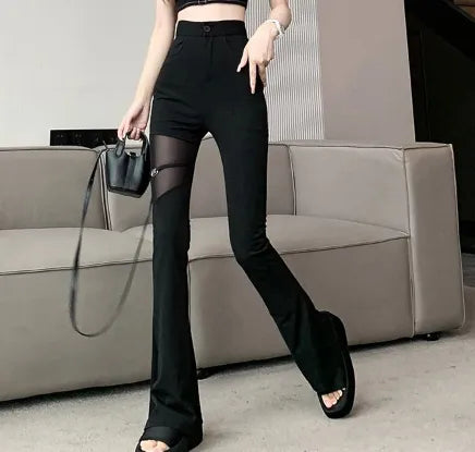 Hotsweet Flare Pants Women Summer Thin Sexy Mesh Spliced Black Slim High Waist Solid Hollow Out Pants LANFUBEISI