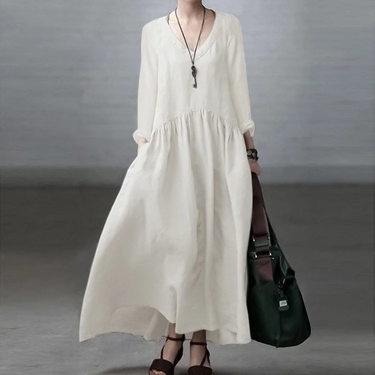 Vintage Cotton Linen V Neck Long Sleeve Comfy Maxi Dress